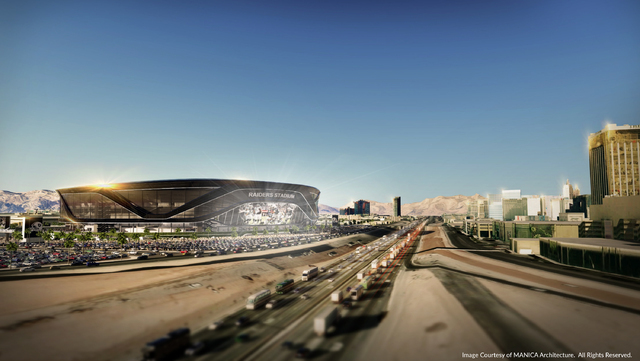 A rendering shows how the proposed 65,000-seat domed stadium for Las Vegas might look at the developers preferred site on acreage west of Interstate 15, across from Mandalay Bay, north of Russell  ...