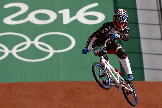 Connor Fields of the United States competes in the men's seeding run at the Olympic BMX Center during the 2016 Summer Olympics in Rio de Janeiro, Brazil, Wednesday, Aug. 17, 2016. (Patrick Semansk ...