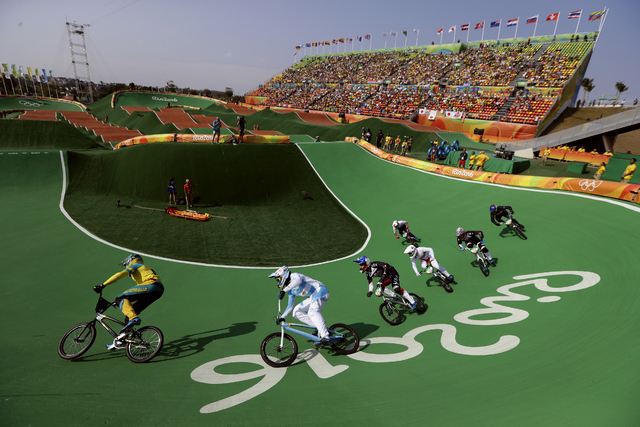 Cyclists, from left, Anthony Dean of Australia, Gonzalo Molina of Argentina, Corben Sharrah of the United States, Tore Navrestad of Norway and Connor Fields of the United States compete in the BMX ...