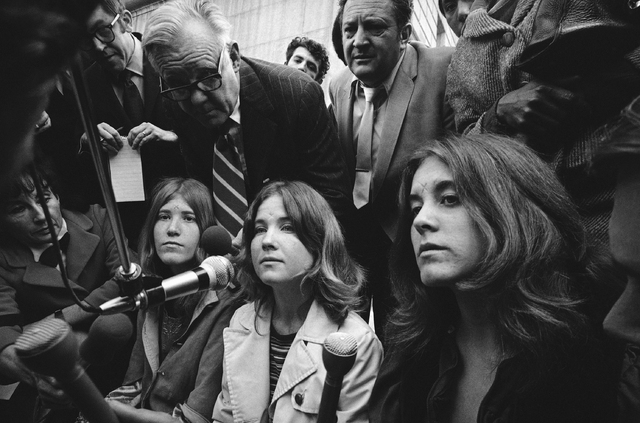 Sandra Good, center, a follower of Charles Manson and roommate of Lynette Alice Fromme is shown during a press conference in 1971. (AP Photo)