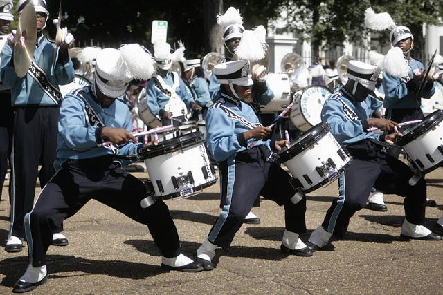 Members of the Jackson State University marching band's drumline breaks out in a dance routine during a rendition of the song, &quot;The Show&quot; by hip-hop artist Doug E. Fresh during t ...