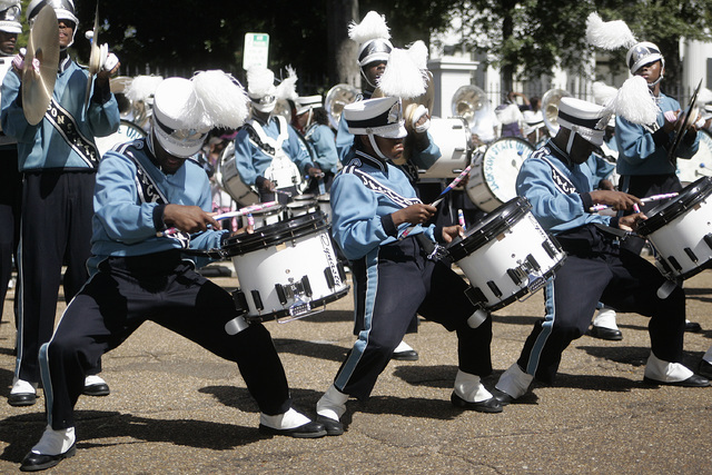 Members of the Jackson State University marching band's drumline breaks out in a dance routine during a rendition of the song, "The Show" by hip-hop artist Doug E. Fresh during t ...
