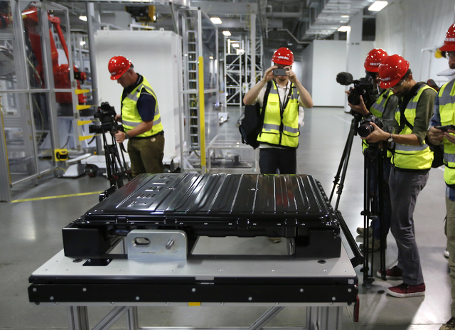 A Tesla battery pack is displayed during a media tour of the new Tesla Motors Inc., Gigafactory Tuesday, July 26, 2016, in Sparks. (Rich Pedroncelli/AP)