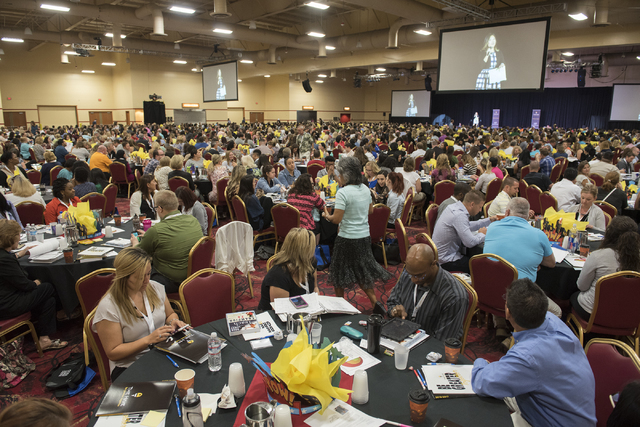 Clark County School District incoming teachers attend a Clark County School District event to launch the 2016-17 academic year at the South Point hotel-casino in Las Vegas on Wednesday, Aug. 17. 2 ...