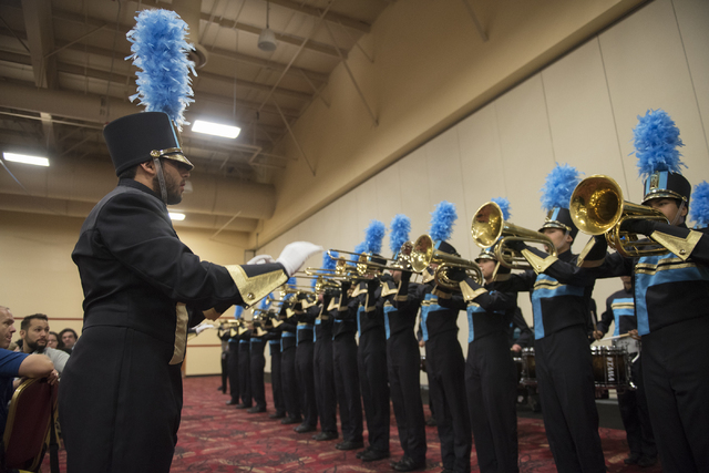 The Foothill High School Marching Band members perform during a Clark County School District event to launch the 2016-17 academic year at the South Point hotel-casino in Las Vegas on Wednesday, Au ...