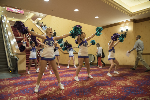 Silverado High School cheerleaders perform during a Clark County School District event to launch the 2016-17 academic year at the South Point hotel-casino in Las Vegas on Wednesday, Aug. 17. 2016. ...