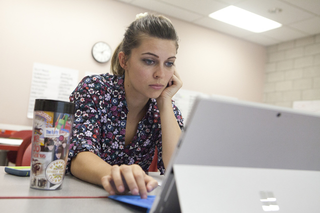 Kelsey Burr, a high school special education teacher at Desert Pines High School works on her assignment during the Teach for America training program on Tuesday, August 2, 2016, in Las Vegas.  (L ...