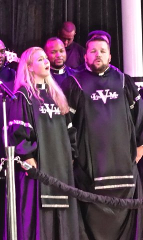 Barbara Klossner and Res Mathys sing a yodel solo for the Las Vegas audience in July 2016. Diane Taylor/Special to View