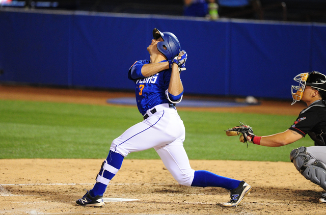 Las Vegas 51s batter T.J. Rivera flies out against the Nashville Sounds in the sixth inning of their minor league baseball game at Cashman Field in Las Vegas Monday, May 23, 2016. (Josh Holmberg/L ...