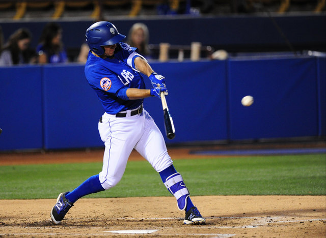 Las Vegas 51s batter T.J. Rivera hits an RBI single against the Nashville Sounds in the 3rd inning of their minor league baseball game at Cashman Field in Las Vegas Tuesday, May 24, 2016. (Josh Ho ...