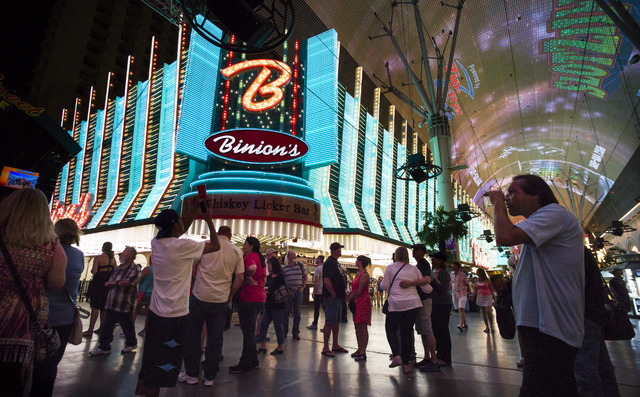 The exterior of Binion's hotel-casino is shown along the Fremont Street Experience in downtown Las Vegas on Wednesday, Aug. 10, 2016. Chase Stevens/Las Vegas Review-Journal Follow @csstevensphoto