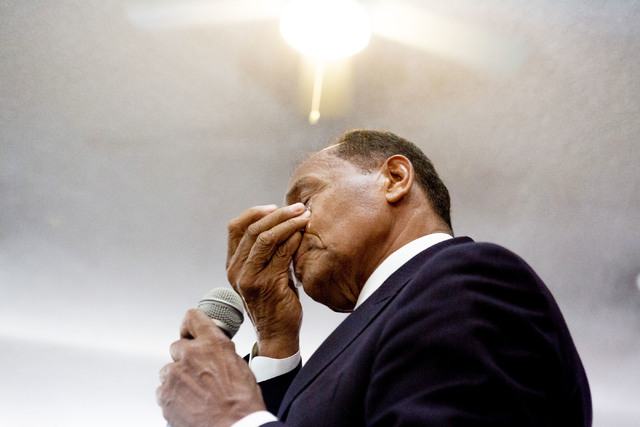 Pastor Willie Jacobs, long time neighbor of Stella Mason Parson, wipes his tears when speaking about Parson’s character during her memorial service at Vegas View Church of God in Christ in  ...