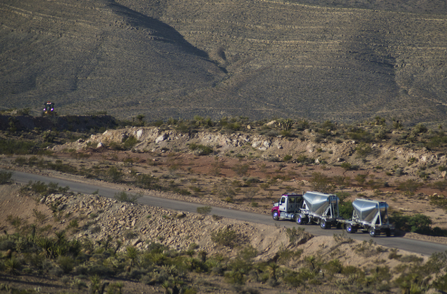 A truck leaves the Blue Diamond Hill Gypsum mine near the town of Blue Diamond on Wednesday morning, Aug. 10, 2016. (Daniel Clark/Las Vegas Review-Journal) Follow @DanJClarkPhoto
