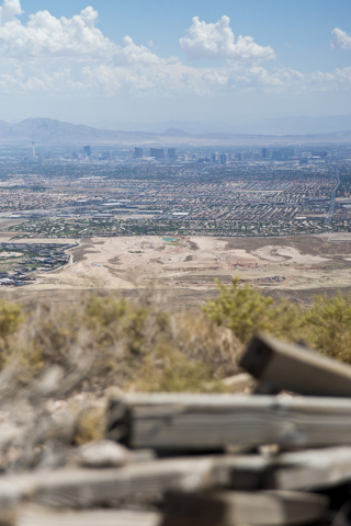 The Las Vegas Strip is visible from the edge of the site of a proposed community at the Blue Diamond Hill Gypsum mine near the town of Blue Diamond on Thursday, Aug. 11, 2016. (Daniel Clark/Las Ve ...