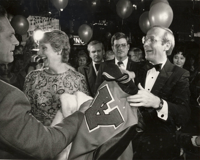 Bonnie Bryan is seen in this file photo with her husband, Former Gov. Richard Bryan, as he receives a letterman jacket as a memento of his days as a student at Las Vegas High School, Jan. 31, 1983 ...