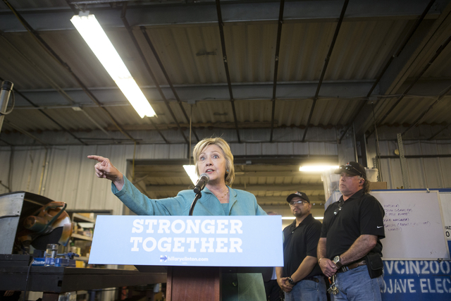 Democratic presidential nominee Hillary Clinton speaks following a tour of Mojave Electric on Thursday, Aug. 4, 2016, in Las Vegas. Erik Verduzco/Las Vegas Review-Journal Follow @Erik_Verduzco