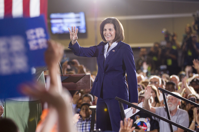 U.S. Senate Democratic candidate Catherine Cortez Masto takes the stage during a campaign rally for Democratic presidential candidate Hillary Clinton at the International Brotherhood of Electrical ...