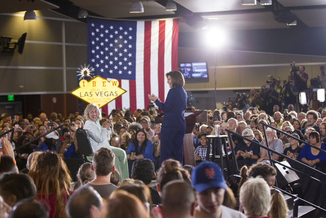 Congresswoman Dina Titus, D-Nev., left, and U.S. Senate Democratic candidate Catherine Cortez Masto take the stage during a campaign rally for Democratic presidential candidate Hillary Clinton at  ...