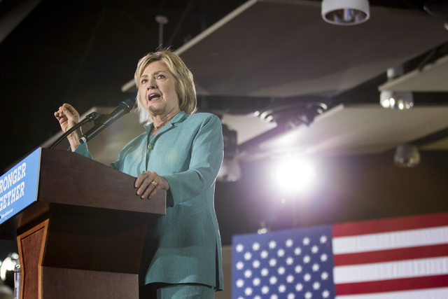 Democratic presidential candidate Hillary Clinton speaks during a campaign rally at the International Brotherhood of Electrical Workers headquarters on Thursday, Aug. 4, 2016, in Las Vegas. Erik V ...