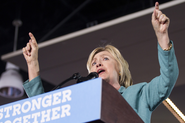 Democratic presidential candidate Hillary Clinton speaks during a campaign rally at the International Brotherhood of Electrical Workers headquarters on Thursday, Aug. 4, 2016, in Las Vegas. Erik V ...