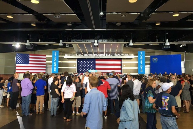 People gather for the rally for Democratic presidential candidate Hillary Clinton at the IBEW Local 357 Hall in Las Vegas, Thursday, Aug. 4, 2016. (Twitter/@NatalieBruzda)