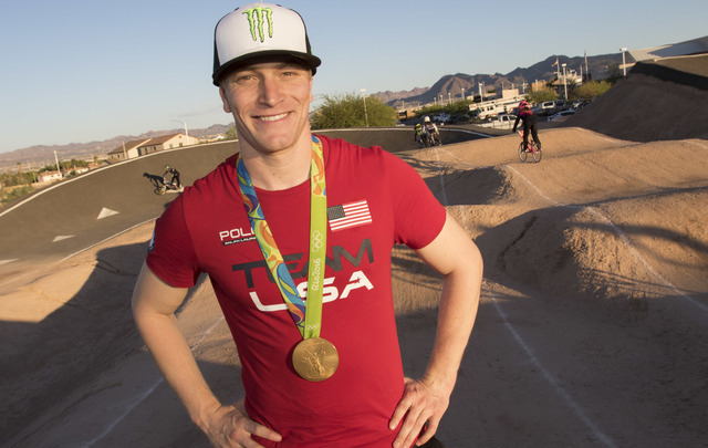 BMX Olympic gold medalist Connor Fields poses on the track after a celebration at the Whitney Mesa BMX Track on Tuesday, Aug. 30, 2016, in Henderson. Connor received a key to the city and a procla ...