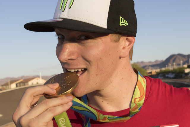 BMX Olympic gold medalist Connor Fields poses on the track after a celebration at the Whitney Mesa BMX Track on Tuesday, Aug. 30, 2016, in Henderson. Connor received a key to the city and a procla ...