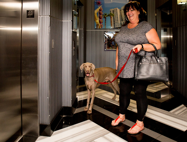 Christine Carlson and Fitz wait in the Ogden lobby for the elevator. (Tonya Harvey/Real Estate Millions)