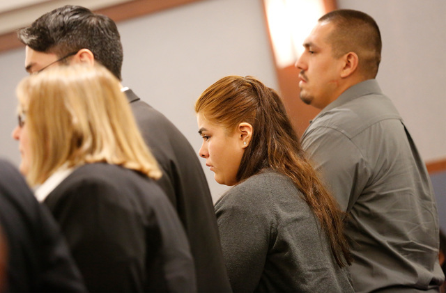 Kelleen Cota, from left, attorney Jonathan Powell and his client Janette Martinez and James Anthony Martinez-Amador stand during their bail hearing at Regional Justice Center in Las Vegas, Monday, ...
