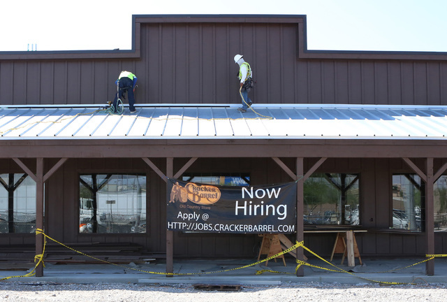 A ''Now Hiring'' sign hangs in front of a Cracker Barrel store under construction on 2815 E. Craig Road on Wednesday, Aug. 24, 2015, in North Las Vegas. Bizuayehu Tesfaye/Las Vegas Review-Journal  ...