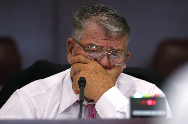 Nevada Sen. Pete Goicoechea, R-Eureka, chairs a subcommittee hearing at the Legislative Building in Carson City, Nev., on Friday, Aug. 26, 2016. More than 700 people attended to hear lawmakers dis ...