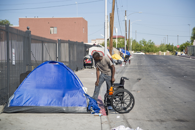 Makeshift campsites are seen along Foremaster Lane in downtown Las Vegas on Friday, Aug. 5, 2016. Daniel Clark/Las Vegas Review-Journal Follow @DanJClarkPhoto