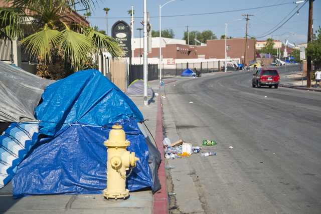 Makeshift campsites constructed by people who have lost their homes are seen along Foremaster Lane in downtown Las Vegas on Friday, Aug. 5, 2016. Daniel Clark/Las Vegas Review-Journal Follow @DanJ ...