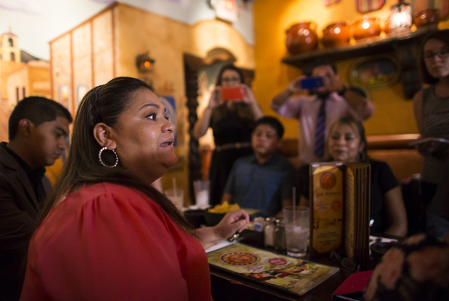Laura Ozuna, who has a child that is a DACA recipient, speaks during a lunch with U.S. Senate Democratic candidate Catherine Cortez Masto, not pictured, at Lindo Michoacan in Las Vegas on Wednesda ...