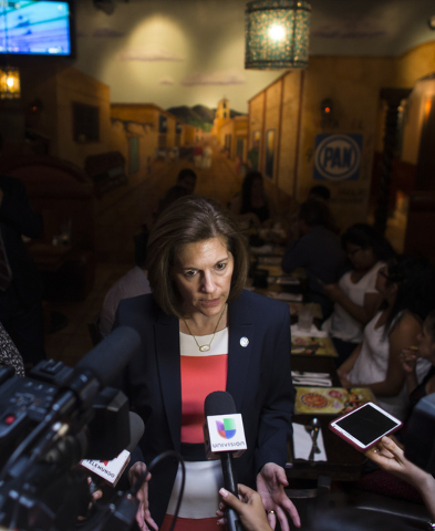 U.S. Senate Democratic candidate Catherine Cortez Masto speaks with news media at Lindo Michoacan in Las Vegas on Wednesday, Aug. 10, 2016. (Chase Stevens/Las Vegas Review-Journal) Follow @cssteve ...