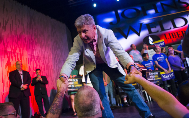 Libertarian presidential candidate Gary Johnson greets supporters during a campaign rally at the SLS hotel-casino in Las Vegas on Thursday, Aug. 18, 2016. Chase Stevens/Las Vegas Review-Journal Fo ...
