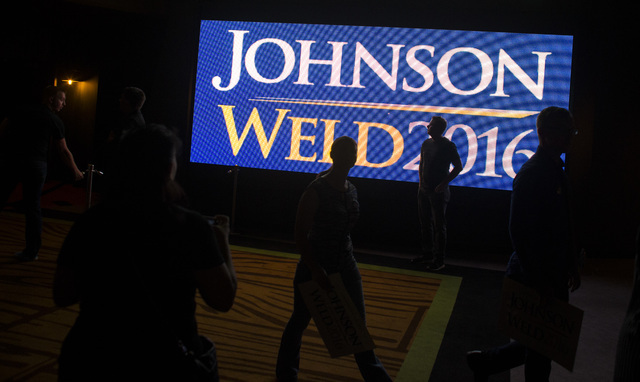 Supporters of Libertarian presidential candidate Gary Johnson arrive for a campaign rally at the SLS hotel-casino in Las Vegas on Thursday, Aug. 18, 2016. Chase Stevens/Las Vegas Review-Journal Fo ...