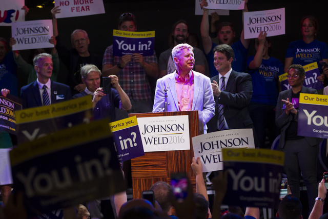 Libertarian presidential candidate Gary Johnson speaks during a campaign rally at the SLS hotel-casino in Las Vegas on Thursday, Aug. 18, 2016. Chase Stevens/Las Vegas Review-Journal Follow @csste ...