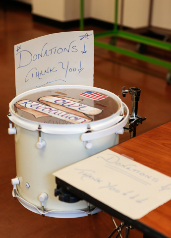 A drum used as a donation receptacle is shown at the &quot;Our Revolution&quot; kickoff party at the Veterans of Foreign Wars Center, 4337 N Las Vegas Blvd., in Las Vegas, Wednesday, Aug.  ...