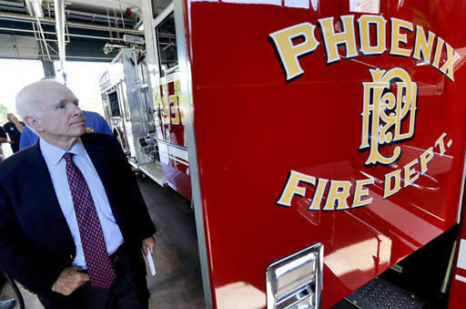 U.S. Sen. John McCain, R-Ariz., tours Phoenix Firehouse 30 after receiving an endorsement from the Professional Firefighters of Arizona, Monday, Aug. 29, 2016, in Phoenix. McCain is seeking the re ...