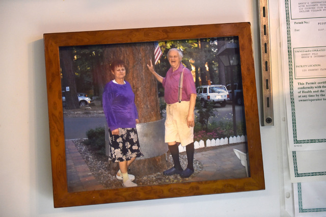 An undated photograph of Ernie Feld, right, with his wife, Marika, is displayed at Ernie's International Pastries on Wednesday, June 8, 2016, in Incline Village, Nev. The 91-year-old Feld continue ...