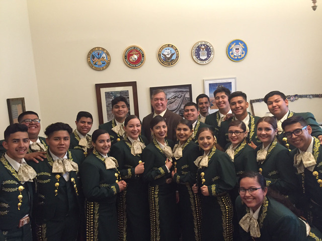 Rancho High School’s Mariachi de Oro, directed by instructor Robert Lopez, was invited to perform in Washington, D.C., in May 2016. They visited Congressman Crescent Hardy in his D.C. office. Sp ...