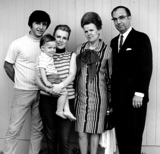 A 1968 photo taken by Jay Sebring shows his brother-law Tony DiMaria, Peggy DiMaria holding their son Anthony,and Jay and Peggy's parents, Margarette and Bernard Kummer, who were visiting from Det ...