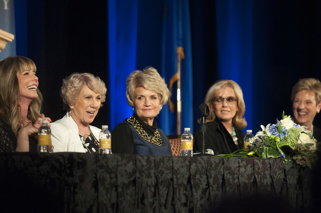 Former Nevada First Ladies Dawn Gibbons, from left, Kathryn List, Sandy Miller, Dema Guinn and Bonnie Bryan participate in a panel called First Ladies First at the Augustus Ballroom inside Caesars ...