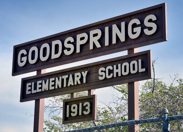A sign marks the the Goodsprings Elementary School Tuesday, April 5, 2016, in Goodsprings. (David Becker/Las Vegas Review-Journal) Follow @davidjaybecker
