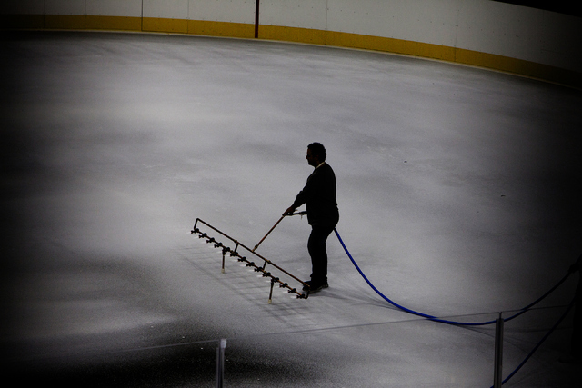 George Salami, the T-Mobile Area conversion manager, sprays the first layer of white ice onto the NHL rink on Saturday, June 30, 2016, at the T-Mobile Arena in Las Vegas. Loren Townsley/Las Vegas  ...