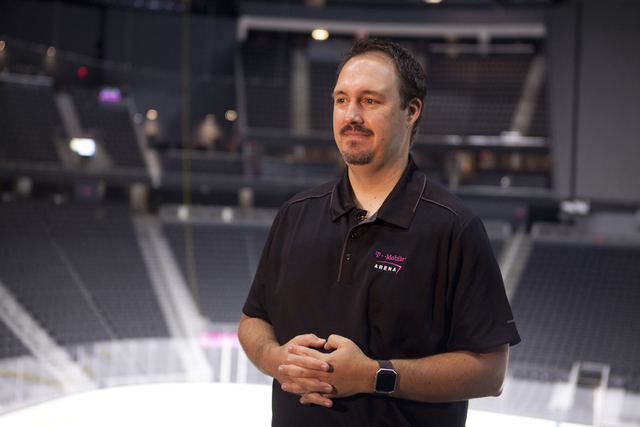 Dan Quinn, vice president and general manager of T-Mobile Area, speaks to the media about the installation of the ice surface for the NHL rink on Saturday, June 30, 2016, at the T-Mobile Arena in  ...