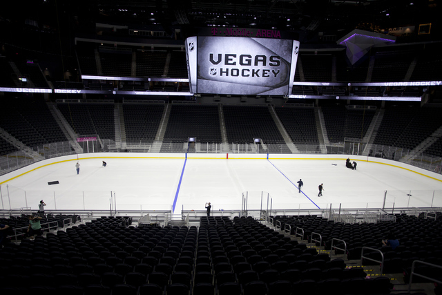 T-Mobile Area is shown while the ice installers paint onto the NHL rink in Las Vegas on Saturday, June 30, 2016. (Loren Townsley/Las Vegas Review-Journal) Follow @lorentownsley