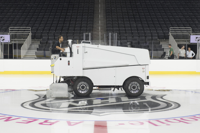 A zamboni driver prepares the newly installed ice prior to members of the Storm Youth Hockey organization skate at T-Mobile Arena in Las Vegas Wednesday, Aug. 3, 2016. Jason Ogulnik/Las Vegas Revi ...