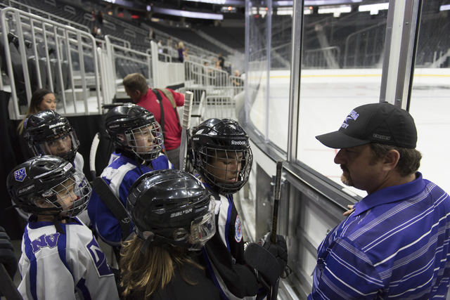 Members of the Storm Youth Hockey organization wait to skate on the newly installed ice at T-Mobile Arena in Las Vegas Wednesday, Aug. 3, 2016. Jason Ogulnik/Las Vegas Review-Journal